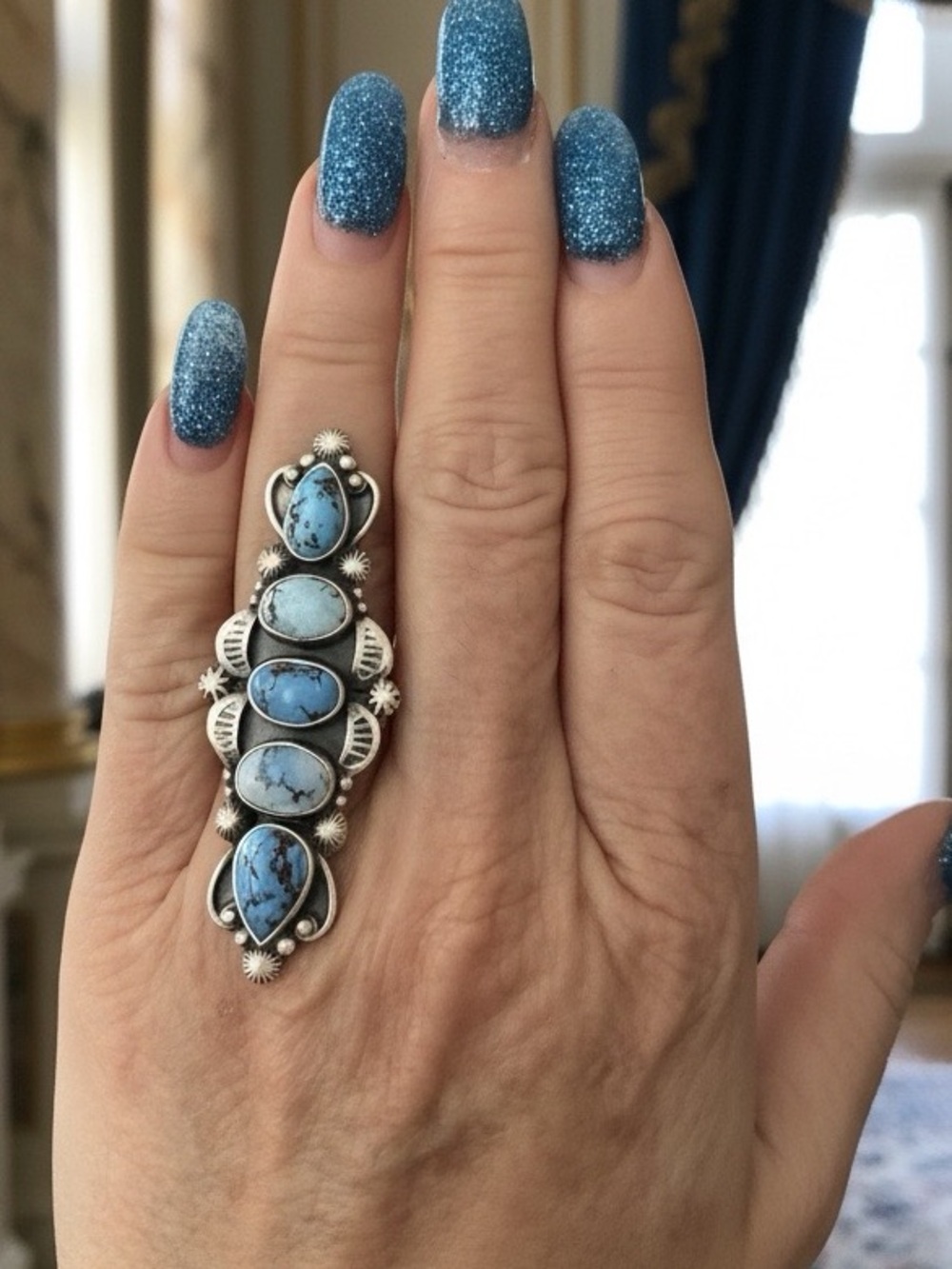 Handcrafted genuine, white water Turquoise Stone Silver‎ Statement Ring - Blue - Picture 8 of 8